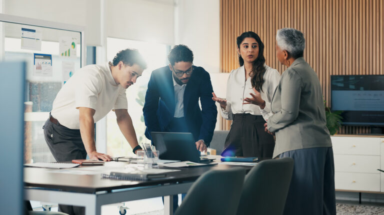 Meeting, AI leaders and business people in office with documents for financial review, feedback and profit. Planning, teamwork and workers with graphs, discussion and research for analysis or growth